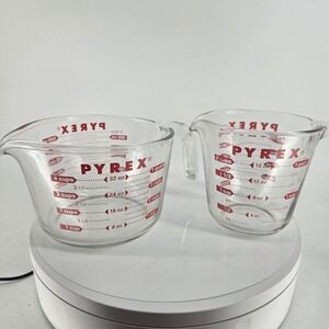 Pyrex Glass Measuring Cup Set 2 Piece 4 Cup 1 Quart and 2 Cup 1 Pint Red Print